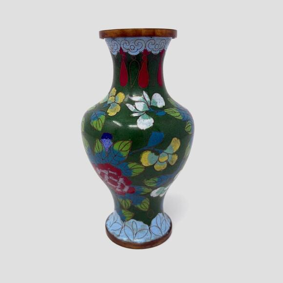 Antique Chinese Cloisonne Jade Green & Cobalt Blue Enameled 1920s Floral Vase - Picture 5 of 7